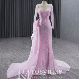 Stylish Beaded Long Sleeve Pink Pageant Gown Mermaid Wedding Dress - Rosymae
