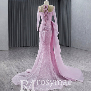 Stylish Beaded Long Sleeve Pink Pageant Gown Mermaid Wedding Dress - Rosymae