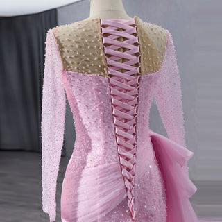 Stylish Beaded Long Sleeve Pink Pageant Gown Mermaid Wedding Dress - Rosymae