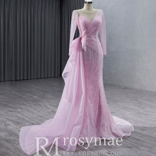 Stylish Beaded Long Sleeve Pink Pageant Gown Mermaid Wedding Dress - Rosymae