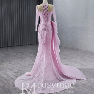 Stylish Beaded Long Sleeve Pink Pageant Gown Mermaid Wedding Dress - Rosymae