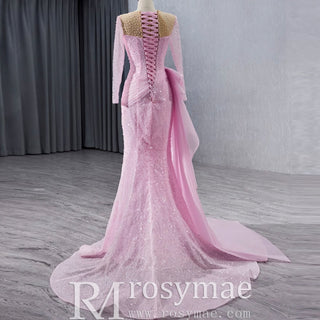 Stylish Beaded Long Sleeve Pink Pageant Gown Mermaid Wedding Dress - Rosymae