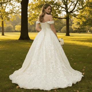 Stylish Off The Shoulder Champagne Wedding Dresses For Brides - Rosymae