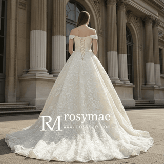 Stylish Off The Shoulder Champagne Wedding Dresses For Brides - Rosymae