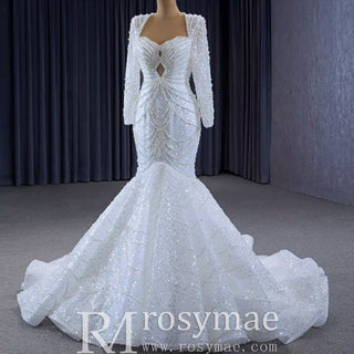 Stylish Queen-ann Neck Wedding Dress For Bride with Long Sleeve - Rosymae