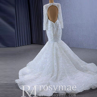 Stylish Queen-ann Neck Wedding Dress For Bride with Long Sleeve - Rosymae