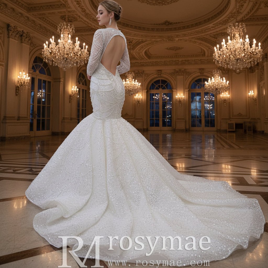 Stylish Queen-ann Neck Wedding Dress For Bride with Long Sleeve - Rosymae