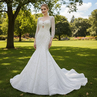 Stylish Queen-ann Neck Wedding Dress For Bride with Long Sleeve - Rosymae