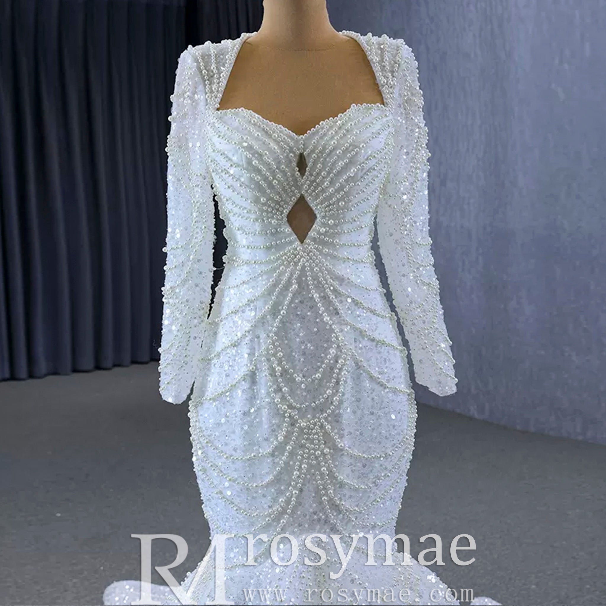 Stylish Queen-ann Neck Wedding Dress For Bride with Long Sleeve - Rosymae