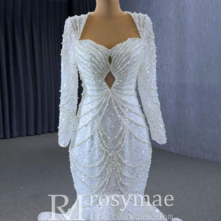 Stylish Queen-ann Neck Wedding Dress For Bride with Long Sleeve - Rosymae