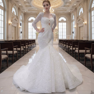 Stylish Queen-ann Neck Wedding Dress For Bride with Long Sleeve - Rosymae