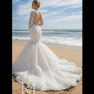 Stylish Queen-ann Neck Wedding Dress For Bride with Long Sleeve - Rosymae