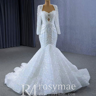 Stylish Queen-ann Neck Wedding Dress For Bride with Long Sleeve - Rosymae