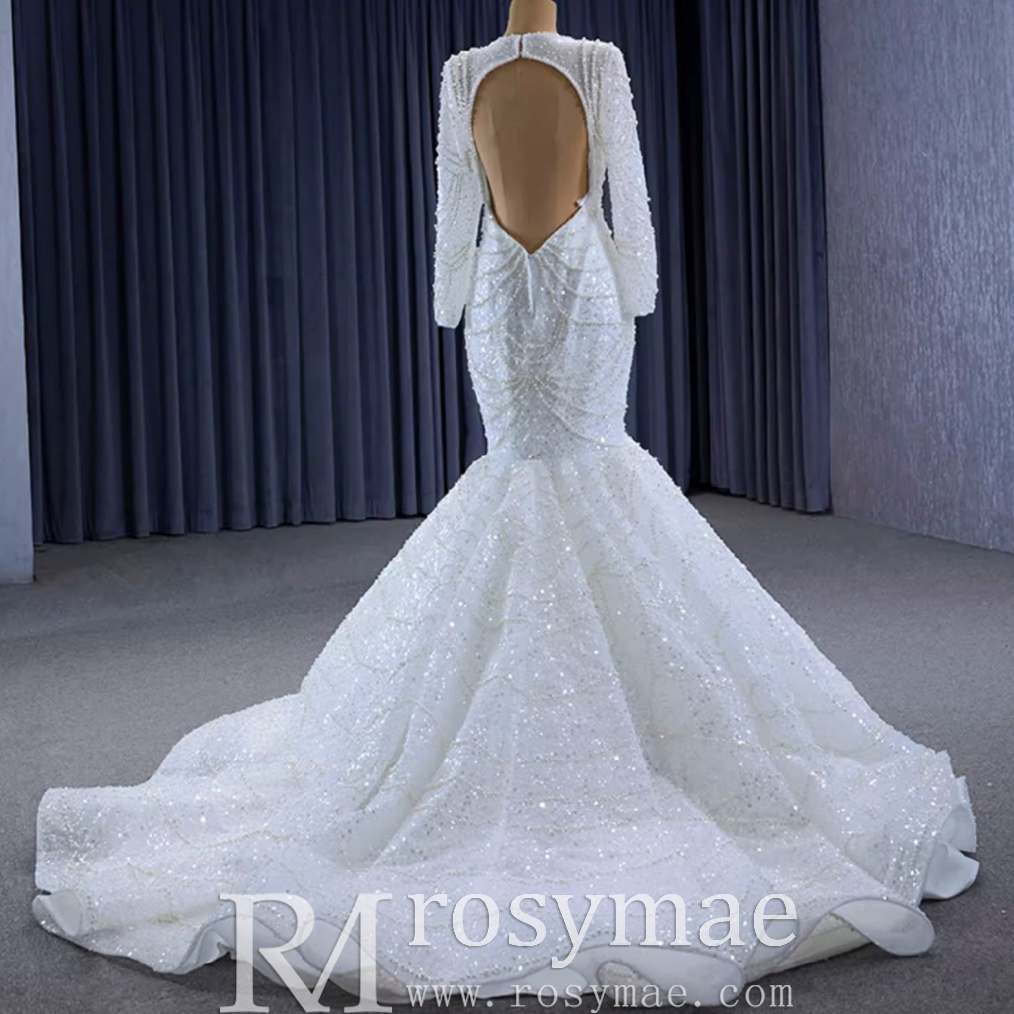 Stylish Queen-ann Neck Wedding Dress For Bride with Long Sleeve - Rosymae