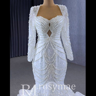 Stylish Queen-ann Neck Wedding Dress For Bride with Long Sleeve - Rosymae