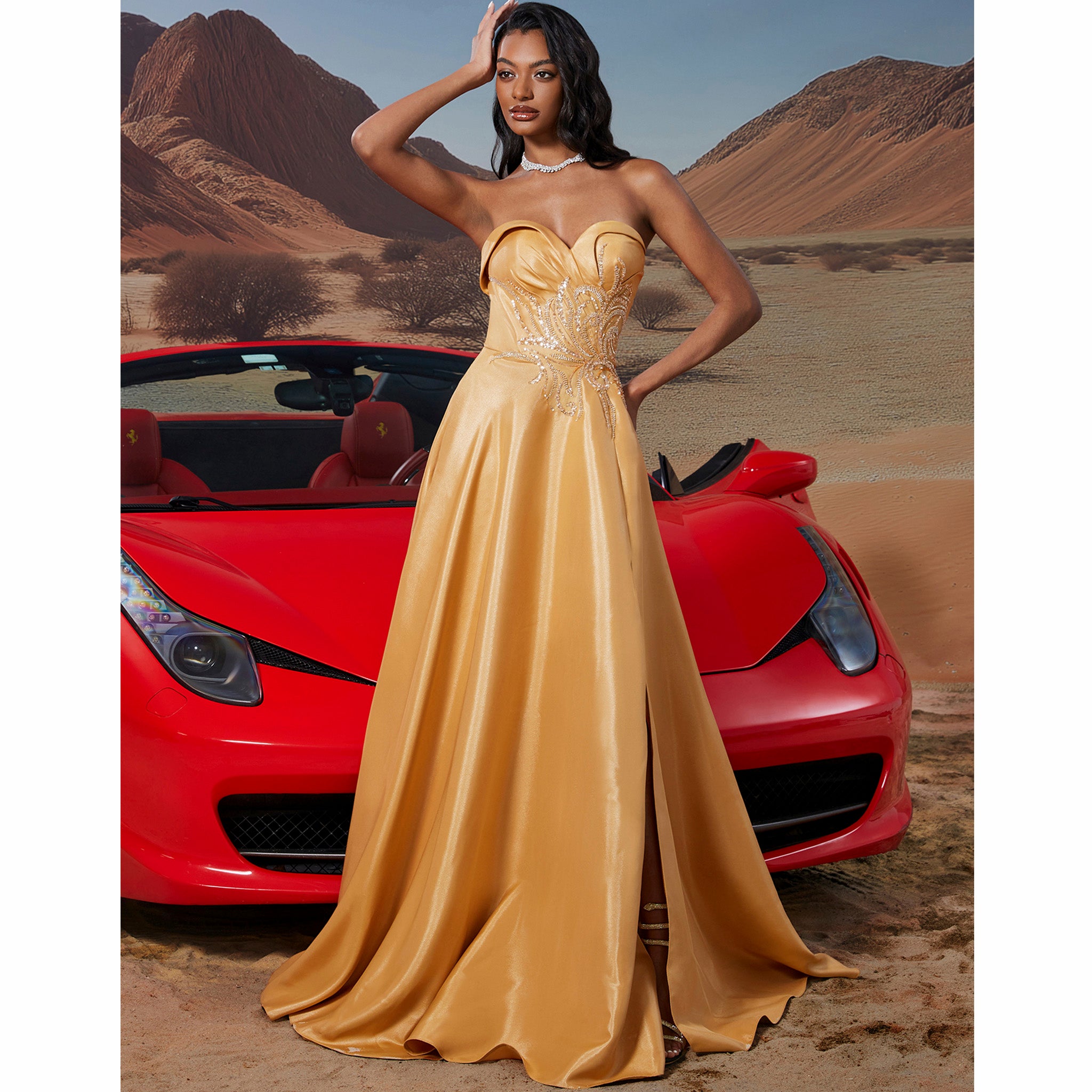 Sweetheart Neck Gold Long Formal Gown Prom Dress with Leg Slit Sweetheart Neck Gold Long Formal Gown Prom Dress with Leg Slit