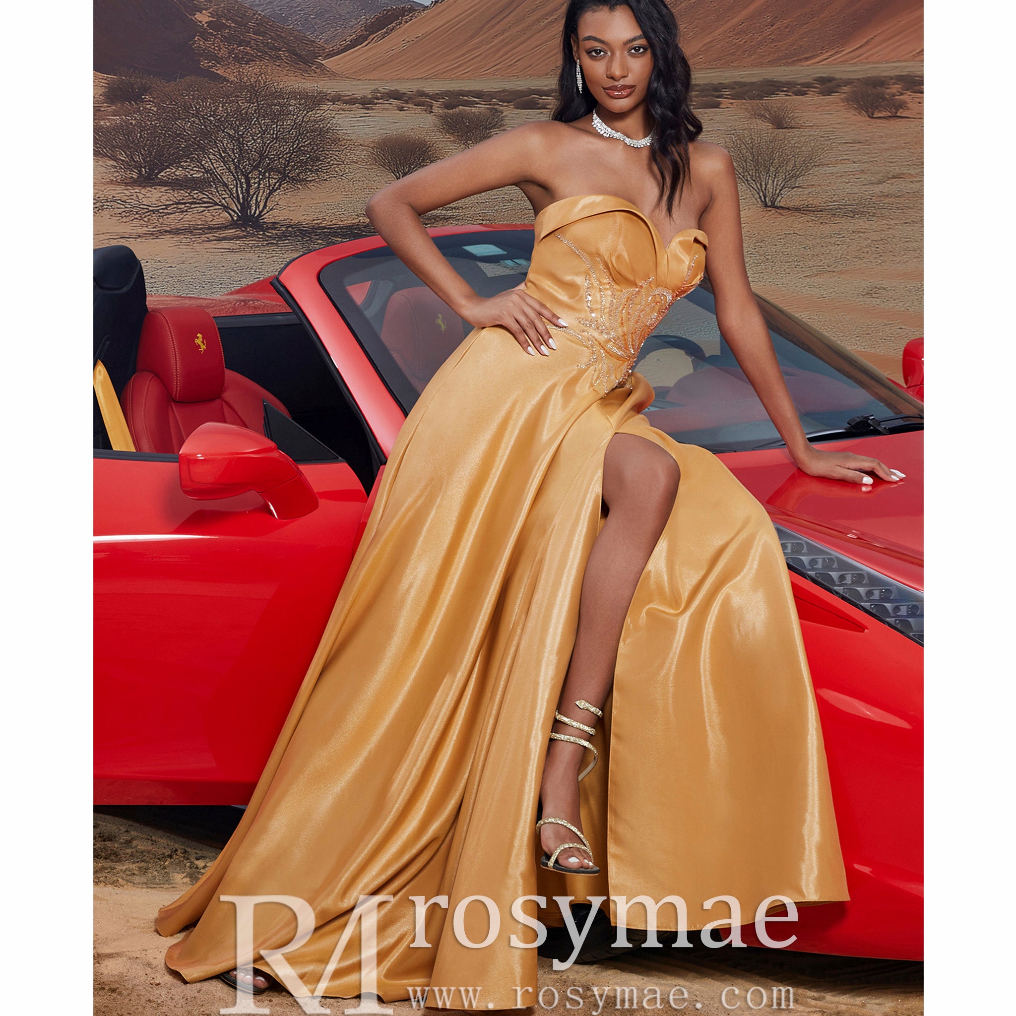 Sweetheart Neck Gold Long Formal Gown Prom Dress with Leg Slit Gold / L Sweetheart Neck Gold Long Formal Gown Prom Dress with Leg Slit Gold / L