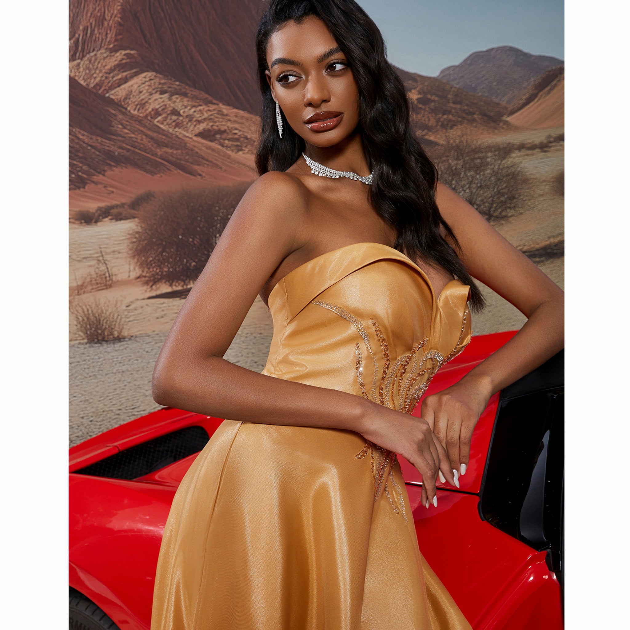 Sweetheart Neck Gold Long Formal Gown Prom Dress with Leg Slit Gold / L Sweetheart Neck Gold Long Formal Gown Prom Dress with Leg Slit Gold / L