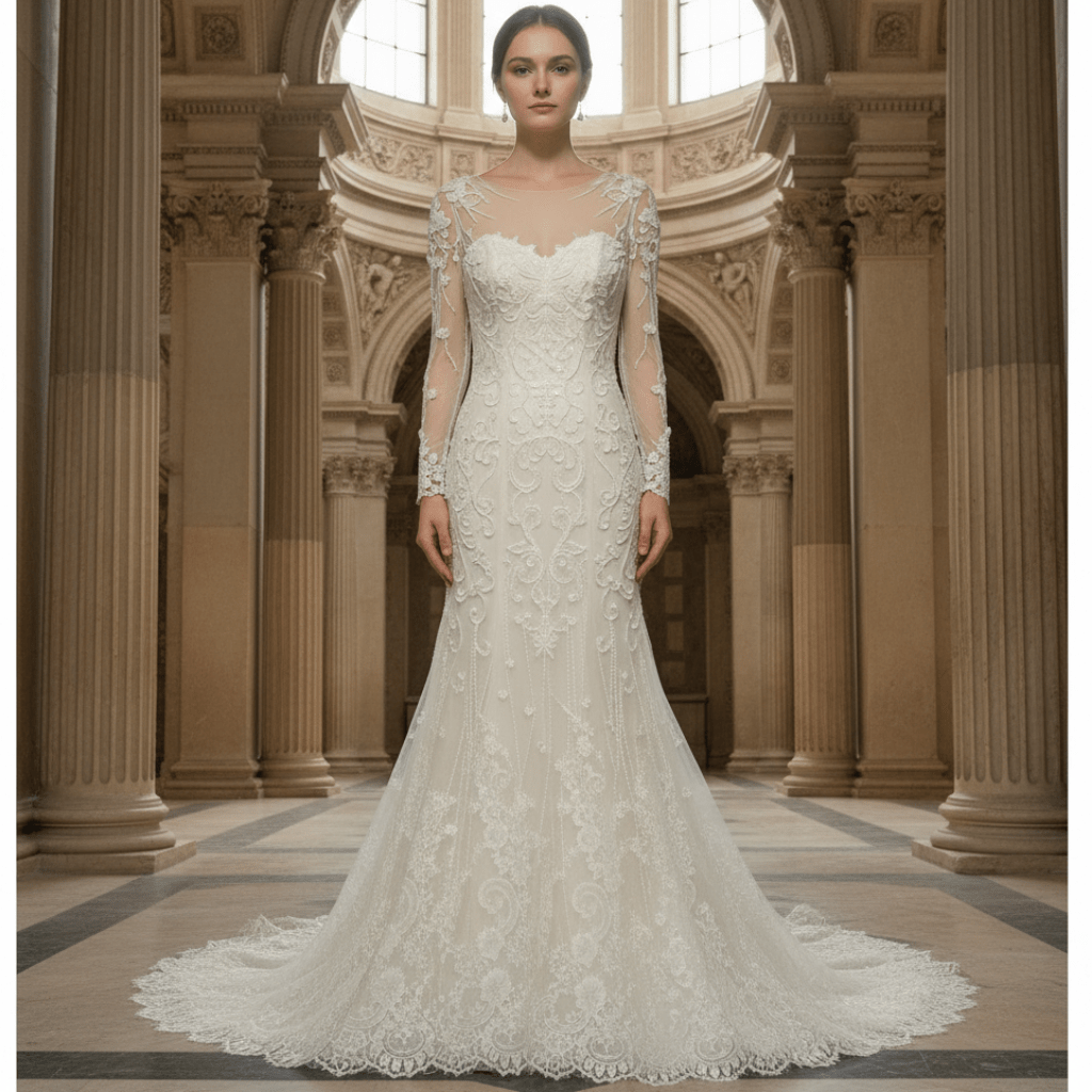 Sweetheart Covered Tulle Long Sleeve Mermaid & Trumpet Wedding Dress - Rosymae