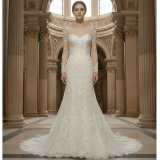 Sweetheart Covered Tulle Long Sleeve Mermaid & Trumpet Wedding Dress - Rosymae
