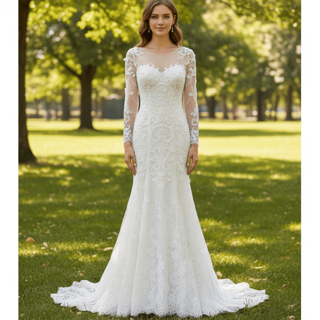 Sweetheart Covered Tulle Long Sleeve Mermaid & Trumpet Wedding Dress - Rosymae