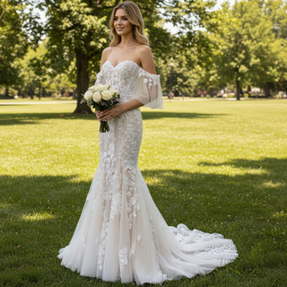 Sweetheart Tulle Lace Champagne Mermaid Wedding Dress
