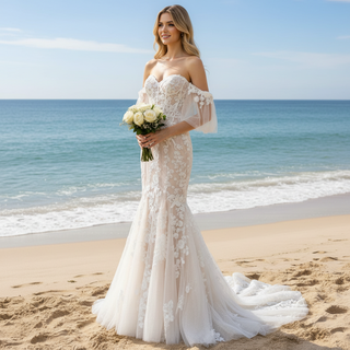 Sweetheart Tulle Lace Champagne Mermaid Wedding Dress