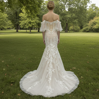 Sweetheart Tulle Lace Champagne Mermaid Wedding Dress