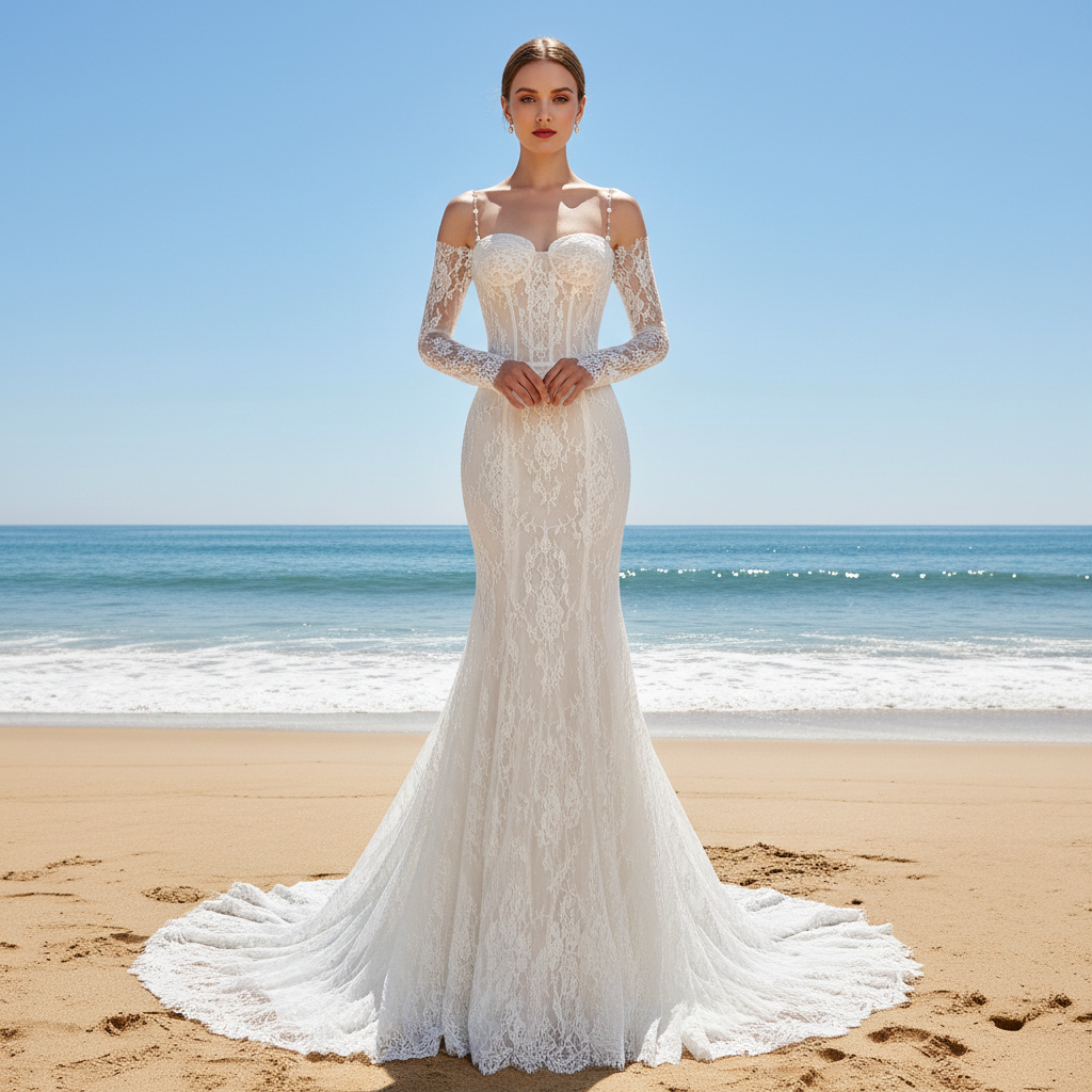 Lace Wedding Dress with Sheer Bodice and Spaghetti Strap Rosymae Lace Wedding Dress with Sheer Bodice and Spaghetti Strap Rosymae