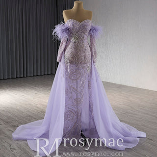Sweetheart Lilac Sheer Formal Gown Prom Dress with Long Sleeve - Rosymae