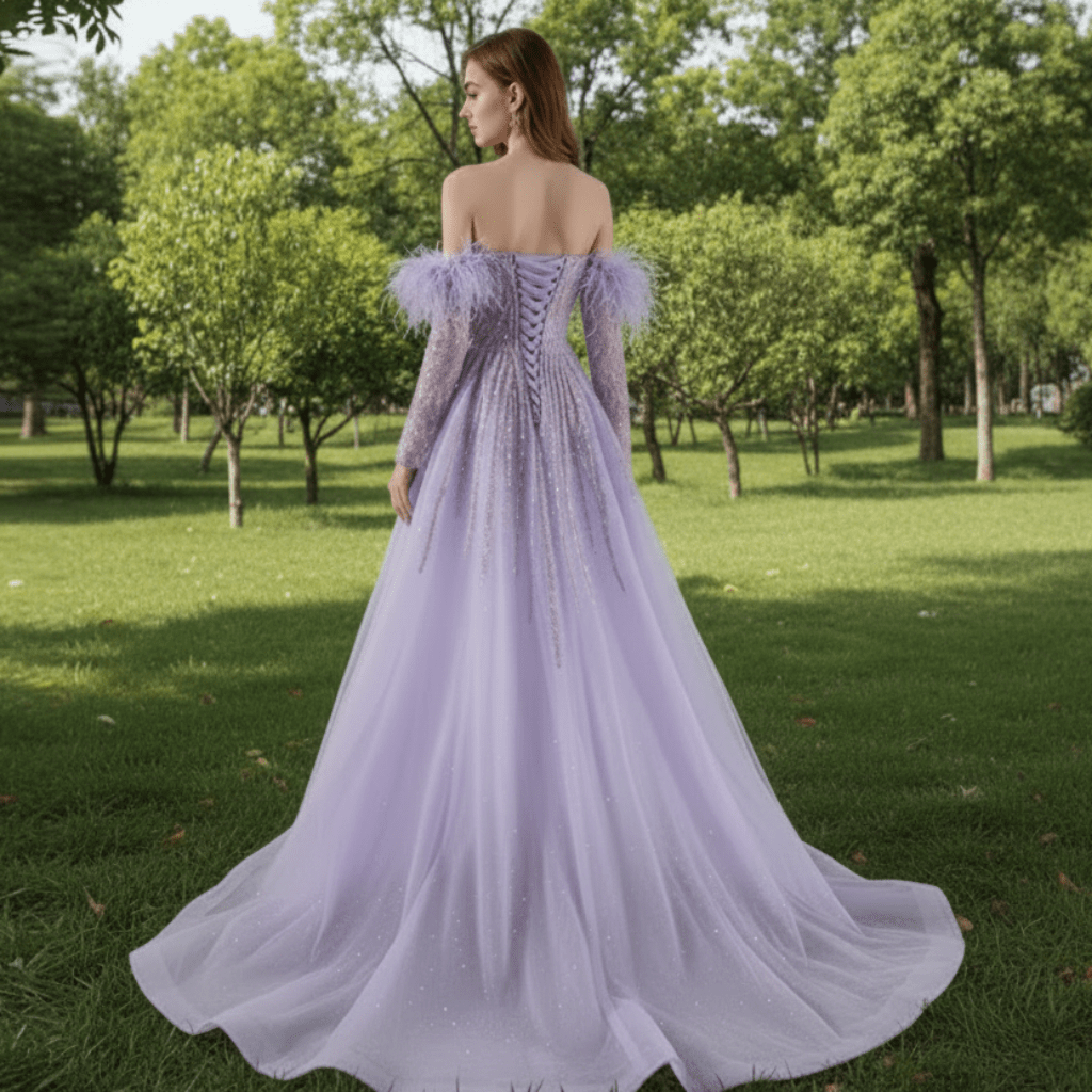 Sweetheart Lilac Sheer Formal Gown Prom Dress with Long Sleeve - Rosymae