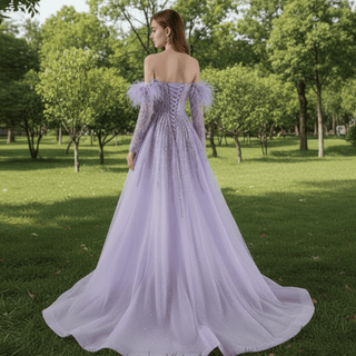 Sweetheart Lilac Sheer Formal Gown Prom Dress with Long Sleeve - Rosymae