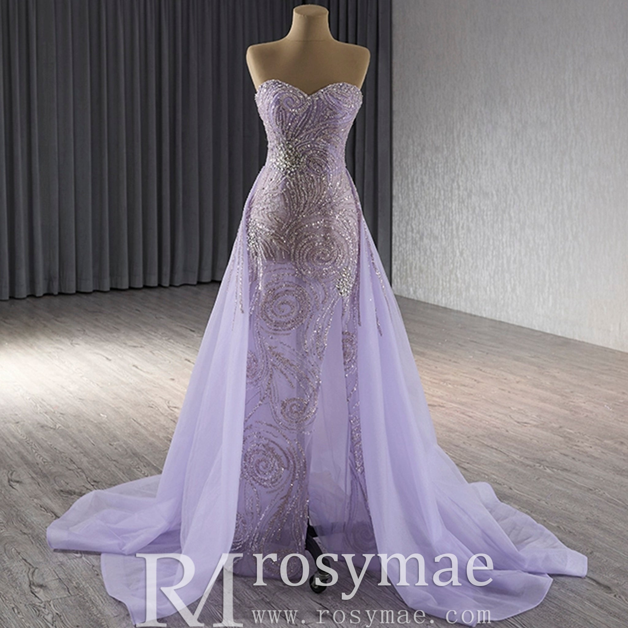 Sweetheart Lilac Sheer Formal Gown Prom Dress with Long Sleeve - Rosymae