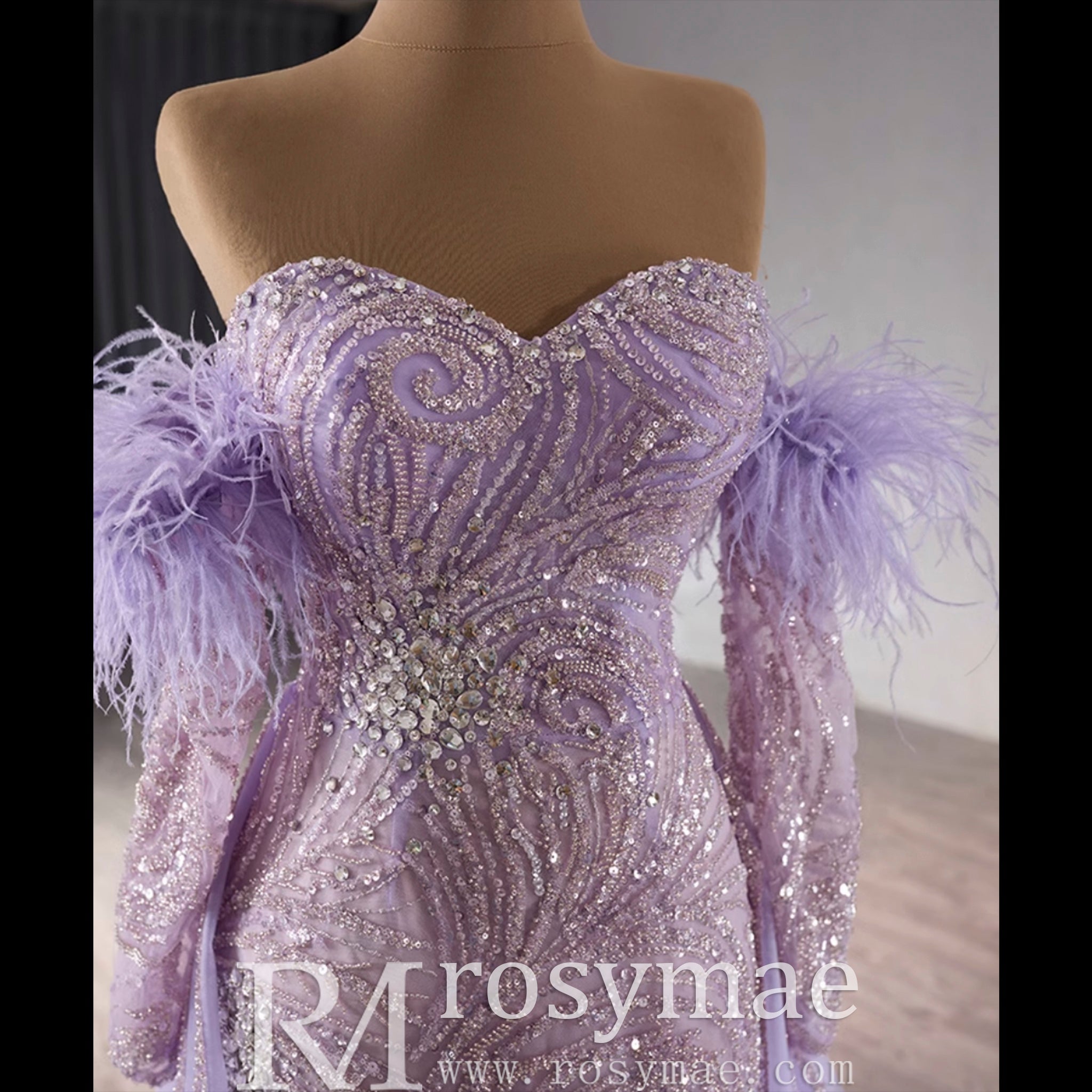 Sweetheart Lilac Sheer Formal Gown Prom Dress with Long Sleeve - Rosymae