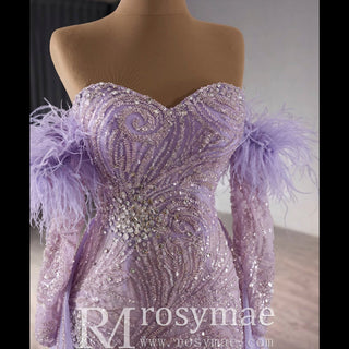 Sweetheart Lilac Sheer Formal Gown Prom Dress with Long Sleeve - Rosymae