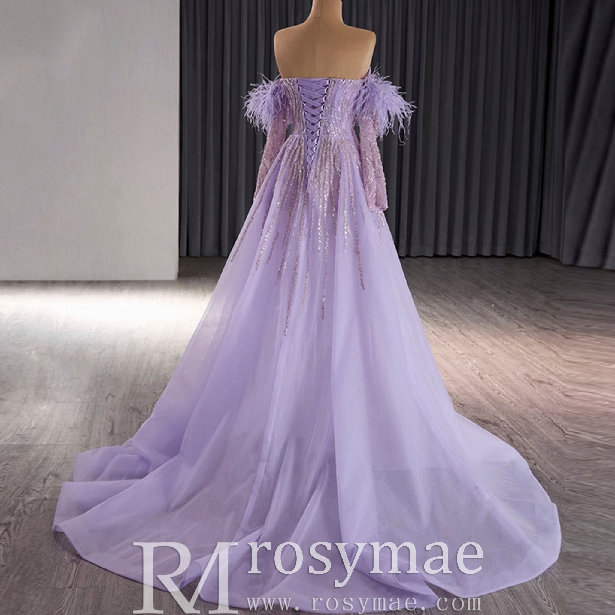 Sweetheart Lilac Sheer Formal Gown Prom Dress with Long Sleeve - Rosymae
