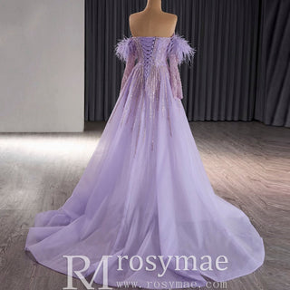 Sweetheart Lilac Sheer Formal Gown Prom Dress with Long Sleeve - Rosymae