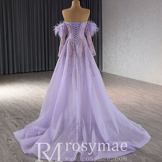 Sweetheart Lilac Sheer Formal Gown Prom Dress with Long Sleeve - Rosymae