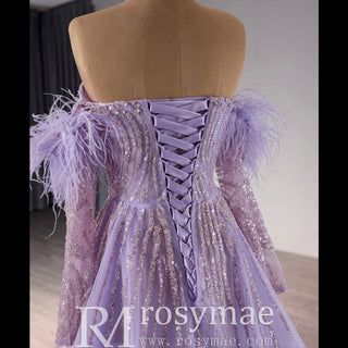 Sweetheart Lilac Sheer Formal Gown Prom Dress with Long Sleeve - Rosymae