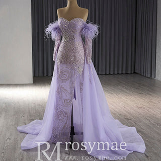 Sweetheart Lilac Sheer Formal Gown Prom Dress with Long Sleeve - Rosymae