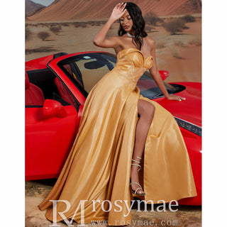 Sweetheart Neck Gold Long Formal Gown Prom Dress with Leg Slit - Rosymae