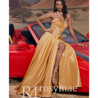 Sweetheart Neck Gold Long Formal Gown Prom Dress with Leg Slit - Rosymae