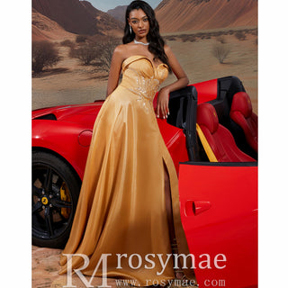 Sweetheart Neck Gold Long Formal Gown Prom Dress with Leg Slit - Rosymae