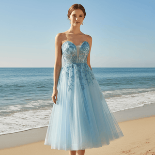 Sweetheart Neck Mid Calf Beach Cocktail with Sheer Bodice - Rosymae
