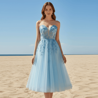 Sweetheart Neck Mid Calf Beach Cocktail with Sheer Bodice - Rosymae