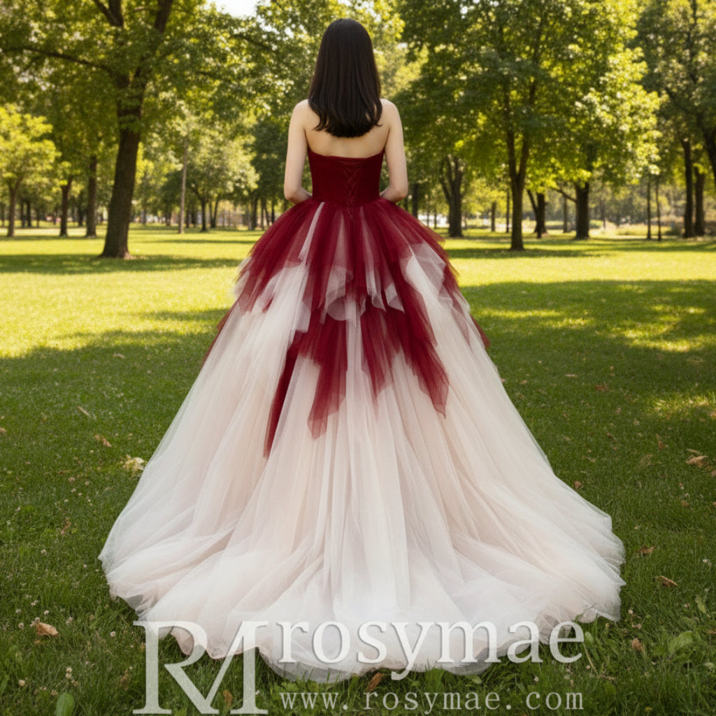 Strapless Ball Gown Red and White Wedding Dress with Sweetheart
