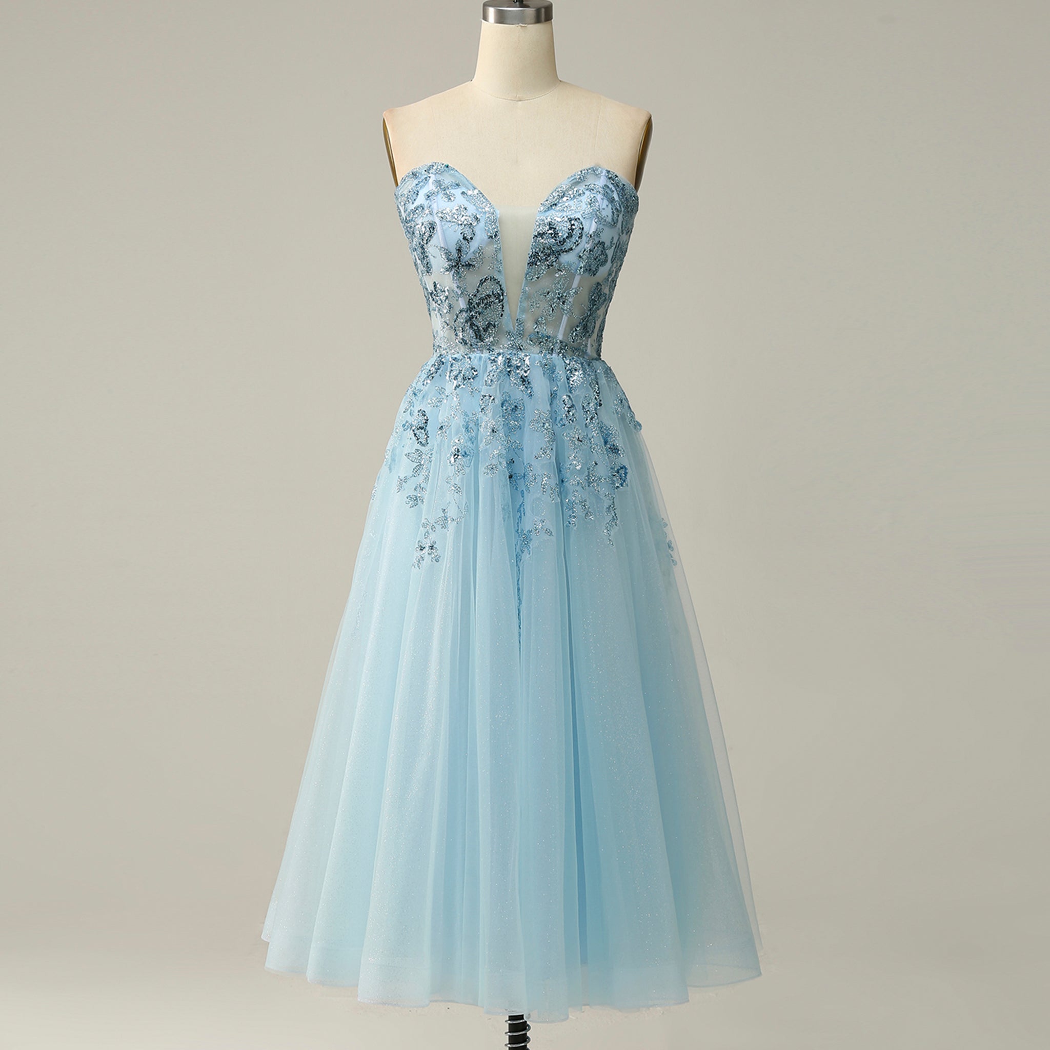 Sweetheart Neck Mid Calf Beach Cocktail with Sheer Bodice Sky Blue / 8 Sweetheart Neck Mid Calf Beach Cocktail with Sheer Bodice Sky Blue / 8