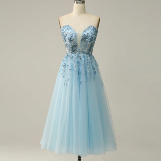 Sweetheart Neck Mid Calf Beach Cocktail with Sheer Bodice