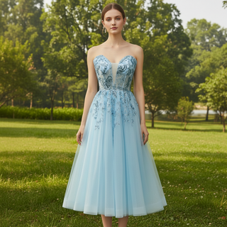 Sweetheart Neck Mid Calf Beach Cocktail with Sheer Bodice