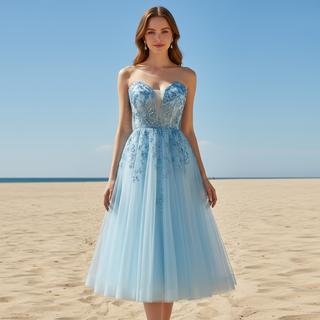 Sweetheart Neck Mid Calf Beach Cocktail with Sheer Bodice